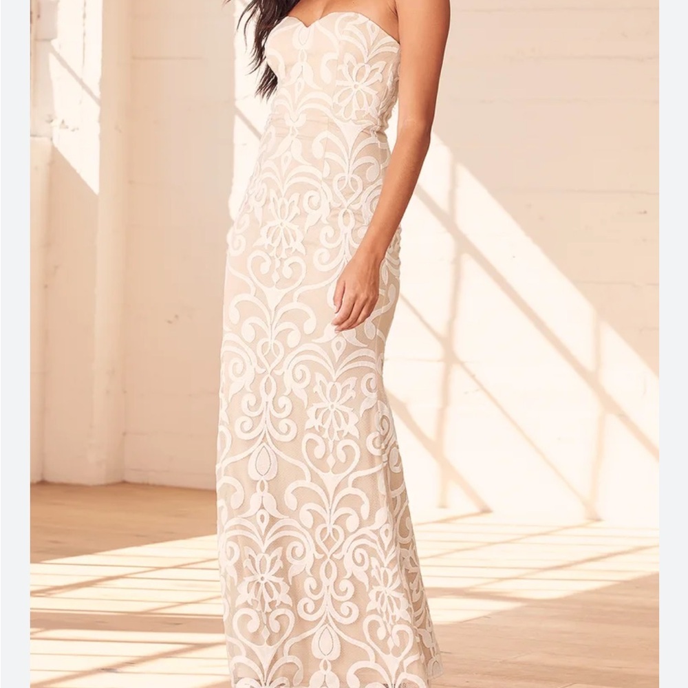 Lulu’s Art of Romance Strapless Maxi Dress Embroidered Beige and White
